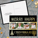 Merry Happy Chrismukkah 4 Photo Black And Gold Foil Holiday Postcard<br><div class="desc">Create your own luxe real gold foil holiday greeting postcards with this simple yet elegant four photo design in black and gold with a stylised tree for Christmas and a minimalist Menorah for Hanukkah. Merry Happy Chrismukkah! Add your four favourite photos using the simple template uploader and watch your pictures...</div>