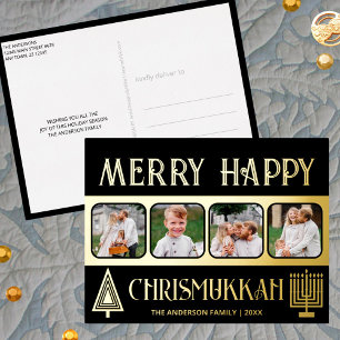 Merry Happy Chrismukkah 4 Photo Black And Gold Foil Holiday Postcard