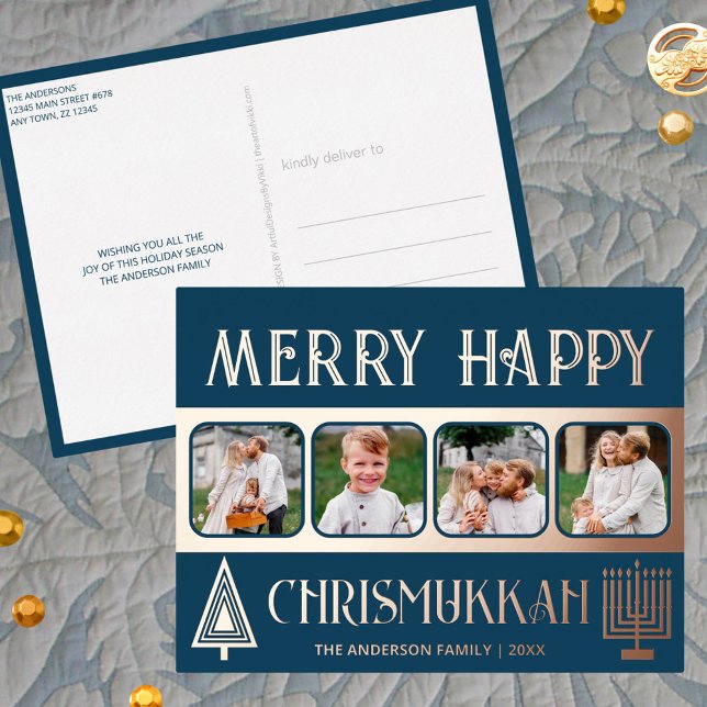 Merry Happy Chrismukkah 4 Photo Blue And Rose Gold Foil Holiday Postcard (Add the luxury of real rose gold printing to your holiday mailings with these chic postcards)