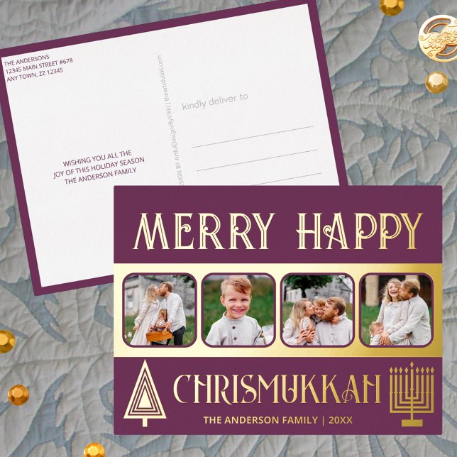 Merry Happy Chrismukkah 4 Photo Plum Purple Gold Foil Holiday Postcard (These 4 photo real gold foil holiday postcards celebrate both Christmas and Hanukkah)