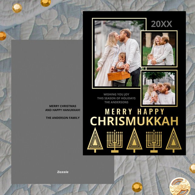 Merry Happy Chrismukkah Chic 3 Photo Gold (Add the luxury of real gold foil printing to your holiday cards)
