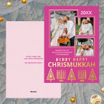 Merry Happy Chrismukkah Chic 3 Photo Pink Gold<br><div class="desc">Personalised photo greeting cards printed with real gold foil add a touch of luxury to your holiday mailings. Easy to customise, just add your three photos where they will appear slightly overlapping with thin gold borders on the solid berry pink background. Edit the year at the top and your name...</div>
