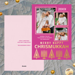 Merry Happy Chrismukkah Chic 3 Photo Pink Gold