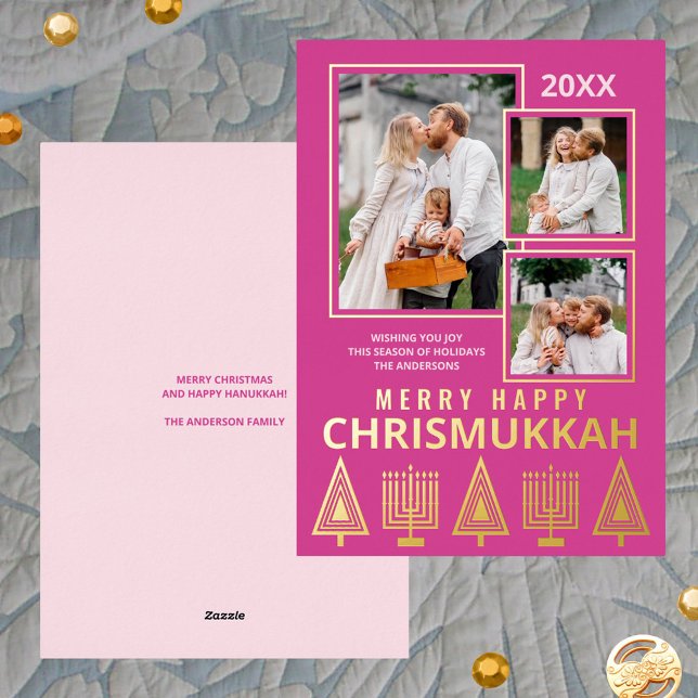 Merry Happy Chrismukkah Chic 3 Photo Pink Gold (Easy to personalize, these interfaith holiday cards with real gold foil accents add elegance)