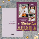 Merry Happy Chrismukkah Chic 3 Photo Purple Gold<br><div class="desc">Personalised photo greeting cards printed with real gold foil add a touch of luxury to your holiday mailings. Easy to customise, just add your three photos where they will appear slightly overlapping with thin gold borders on the solid plum purple background. Edit the year at the top and your name...</div>