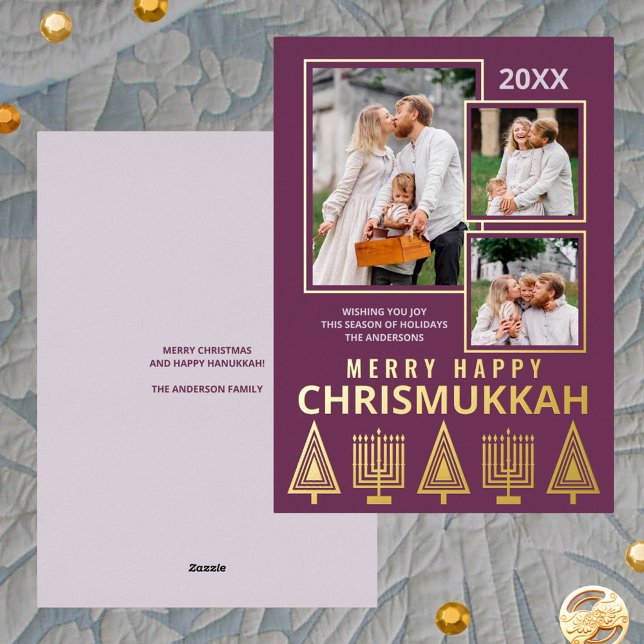 Merry Happy Chrismukkah Chic 3 Photo Purple Gold (Add the elegance of real gold foil printing and your photos to your holiday greeting cards)