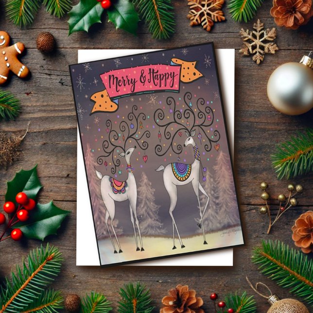 Merry Happy Cute Reindeer Festive Christmas Holiday Card (Creator Uploaded)