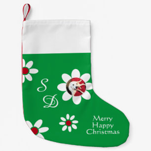 Merry Happy Cute Smiling Dog White Flowers Green Small Christmas Stocking
