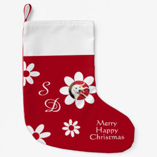 Merry Happy Cute Smiling Dog White Flowers Red Small Christmas Stocking