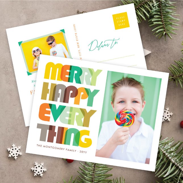 Merry Happy Everything Colourful Typography Photo Holiday Postcard (Creator Uploaded)