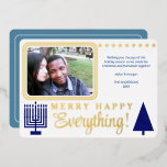 Merry Happy Everything Photo Navy Luxury Gold<br><div class="desc">Add a touch of luxury to your holiday greetings with these real gold foil flat greeting cards featuring your photo and a navy blue Christmas tree and a matching Hanukkah Menorah. Add your photo to the upper left of the design where it will appear with rounded corners and a double...</div>