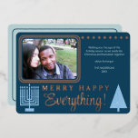 Merry Happy Everything Photo Navy Rose Gold Foil<br><div class="desc">Add a touch of luxury to your holiday greetings with these real rose gold foil flat greeting cards featuring your photo and a pastel blue Christmas tree and a matching Hanukkah Menorah. Add your photo to the upper left of the design where it will appear with rounded corners and a...</div>
