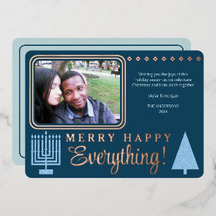 Merry Happy Everything Photo Navy Rose Gold Foil