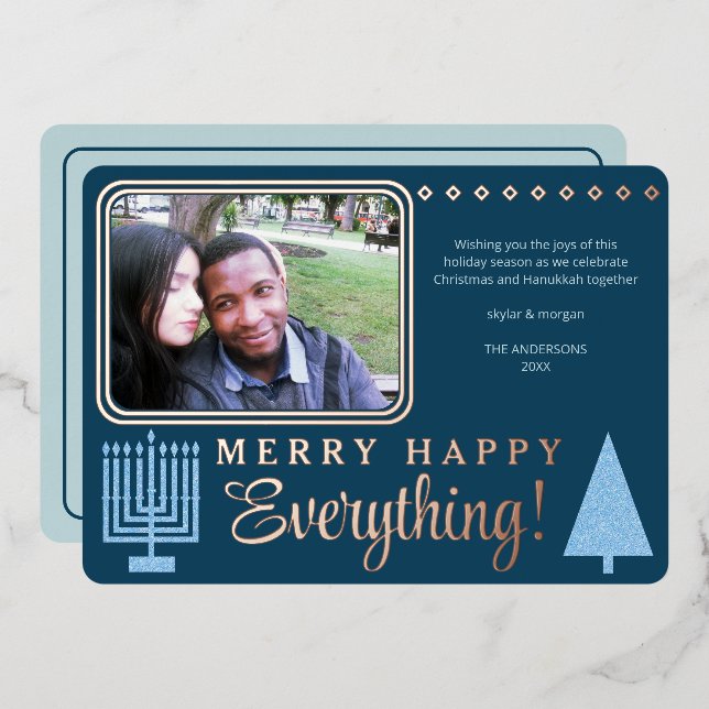 Merry Happy Everything Photo Navy Rose Gold Foil (Front/Back)