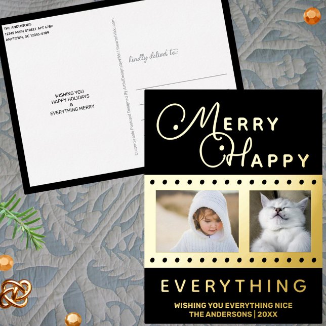 Merry Happy Stylish 2 Photo Word Art Black Gold Foil Holiday Postcard (Photo Christmas postcards in elegant black with real gold foil accents that are easy to customize)