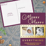 Merry Happy Stylish 2 Photo Word Art Purple Gold Foil Holiday Postcard<br><div class="desc">Personalise these stylish Merry Happy Everything Christmas postcards in dark purple with your photos and real gold foil printing. Appropriate for Hanukkah or interfaith families who celebrate both (Chrismukkah) as well, these dark purple personalised holiday postcards with gold foil accents are simple to customise. Just add your photos using the...</div>