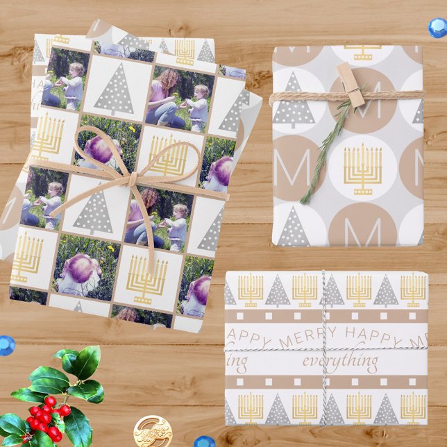 Merry Happy Tan Holiday Photo Cute Monogram Wrapping Paper Sheet (Add your photos and monogram to this neutral holiday wrapping paper perfect for interfaith families)