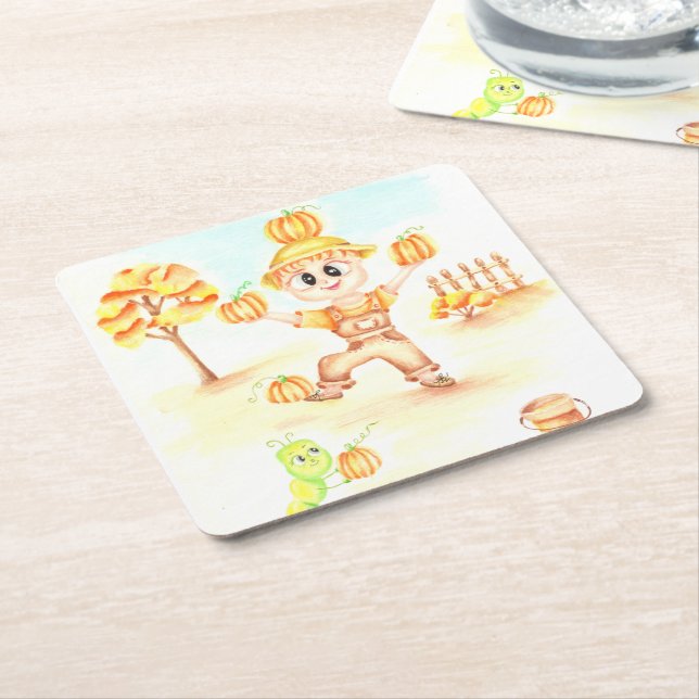 Merry harvest little ginger boy square paper coaster (Angled)