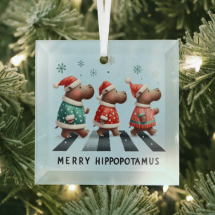 Merry Hippopotamus Glass Tree Decoration