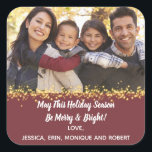 Merry Holiday Christmas Cheer Family Photo Gold Square Sticker<br><div class="desc">Wish all your family and friends a holiday greeting this Christmas, New Years, Hanukah and Kwanzaa Add your favourite photo to create your own customised sticker. Place sticker on gifts, invite envelopes and greeting card envelopes. Monogram with your family name. Design includes gold sparkle overlay to highlight your own photo....</div>
