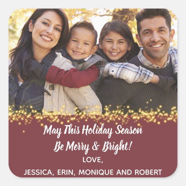 Merry Holiday Christmas Cheer Family Photo Gold Square Sticker (Front)