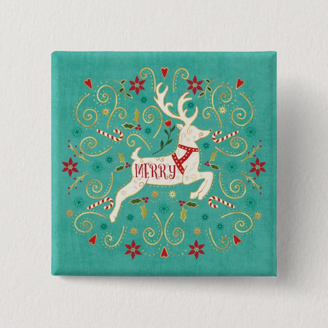 Merry Holiday Teal Reindeer 15 Cm Square Badge (Front)