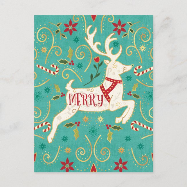 Merry Holiday Teal Reindeer Postcard (Front)
