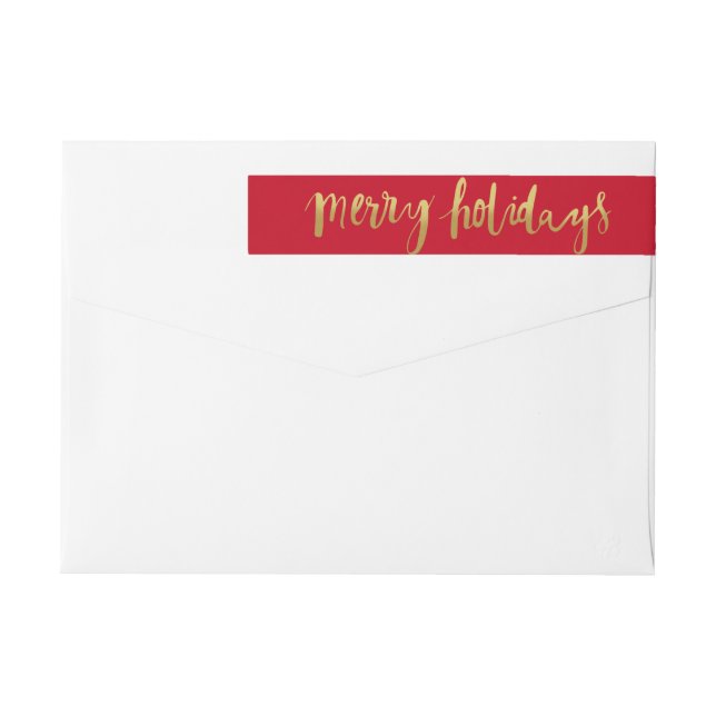 Merry Holidays Elegant Gold Script Custom Red Wrap Around Label (Back)