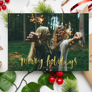 Merry Holidays Elegant Gold Script Photo Holiday Card