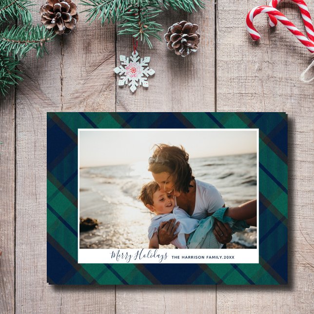 Merry Holidays Photo Black Watch Tartan Plaid Holiday Card (Creator Uploaded)