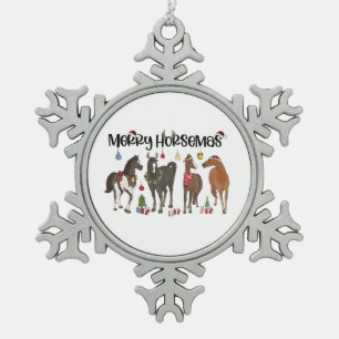 Merry Horsemas Horse Flower Christmas Equine Snowflake Pewter Christmas Ornament