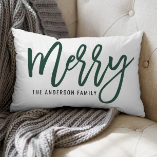 Merry Hunter Green Script Family Christmas Lumbar Cushion