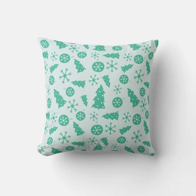 Merry in Turquoise Christmas Trees and Ornaments Cushion (Front)