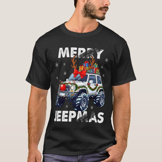 Merry Jeepmas Ugly Light Reindeer Christmas  T-Shirt (Front)