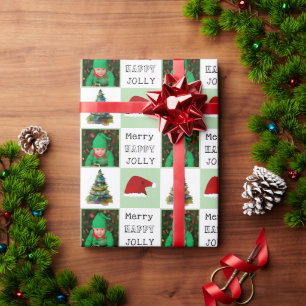 Merry Jolly Christmas Tree Santa Hat Family Photo Wrapping Paper