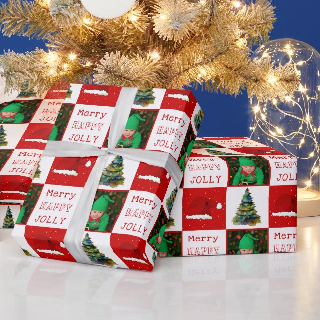 Merry Jolly Christmas Tree Santa Hat Family Photo Wrapping Paper (Holidays)