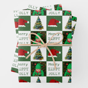 Merry Jolly Christmas Tree Santa Hat Family Photo Wrapping Paper Sheet