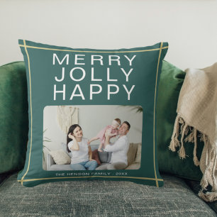 Merry Jolly Happy Custom Family Photo Green Cushion