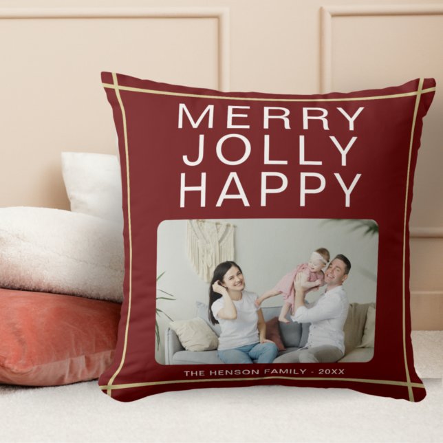 Merry Jolly Happy Custom Family Photo Red Holiday Cushion (Creator Uploaded)