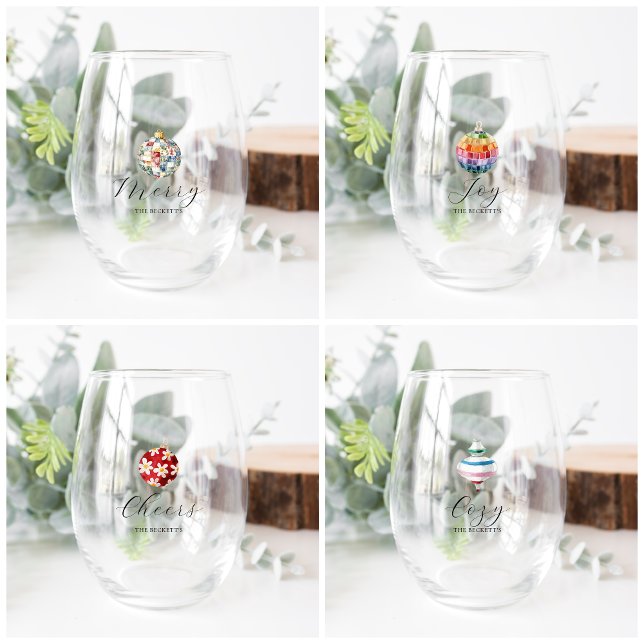 Merry, Joy, Cheers, Cosy | Monogram Christmas Stemless Wine Glass (Creator Uploaded)