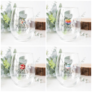 Merry, Joy, Cheers, Cozy   Monogram Christmas Stemless Wine Glass