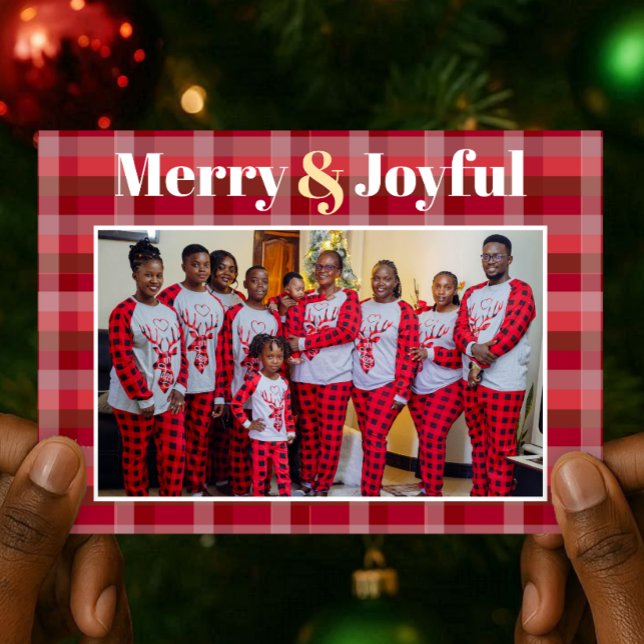Merry & Joyful Red Plaid Photo Christmas Holiday Card (Creator Uploaded)