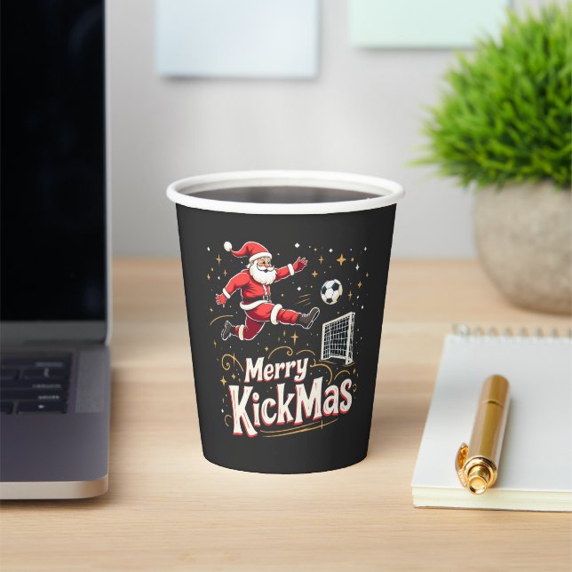 Merry Kickmas Funny Santa Claus Soccer Lovers Paper Cups (Insitu)