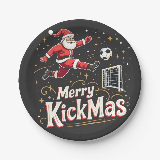 Merry Kickmas Funny Santa Claus Soccer Lovers Paper Plate (Front)