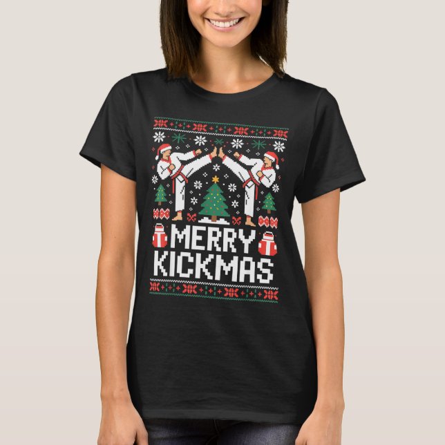 Merry Kickmas Karate Jiu Jitsu Ugly Christmas Desi T-Shirt (Front)