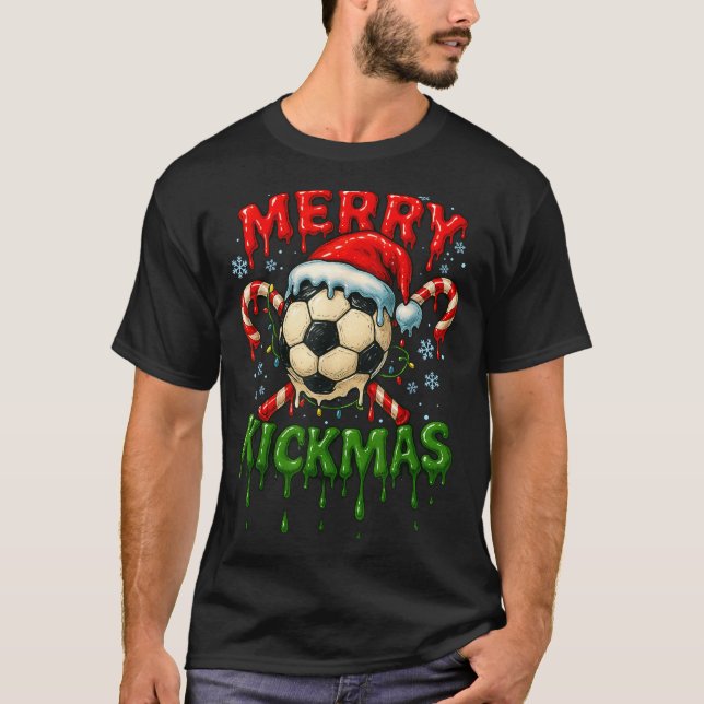 Merry Kickmas Soccer Christmas Candy Cane Ice Crea T-Shirt (Front)