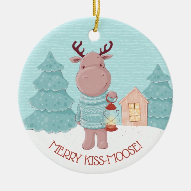 Merry Kiss Moose Ceramic Tree Decoration (Front)