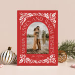 Merry Kisses and Warm Wishes Berry Photo Arch Red Holiday Card<br><div class="desc">A unique and modern holiday card featuring an arch photo shape with modern styled typography that curves elegantly around your photo, and original hand-drawn winter foliage artwork. Easily personalise the front and back with your own text and photos using the template provided. To customise even further, click on the “Edit...</div>