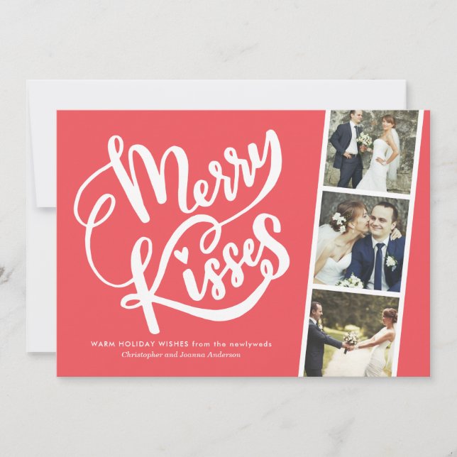 Merry Kisses Newlywed Christmas Thank You Holiday Card (Front)