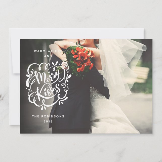Merry Kisses Typography Christmas Full Bleed Photo Holiday Card (Front)